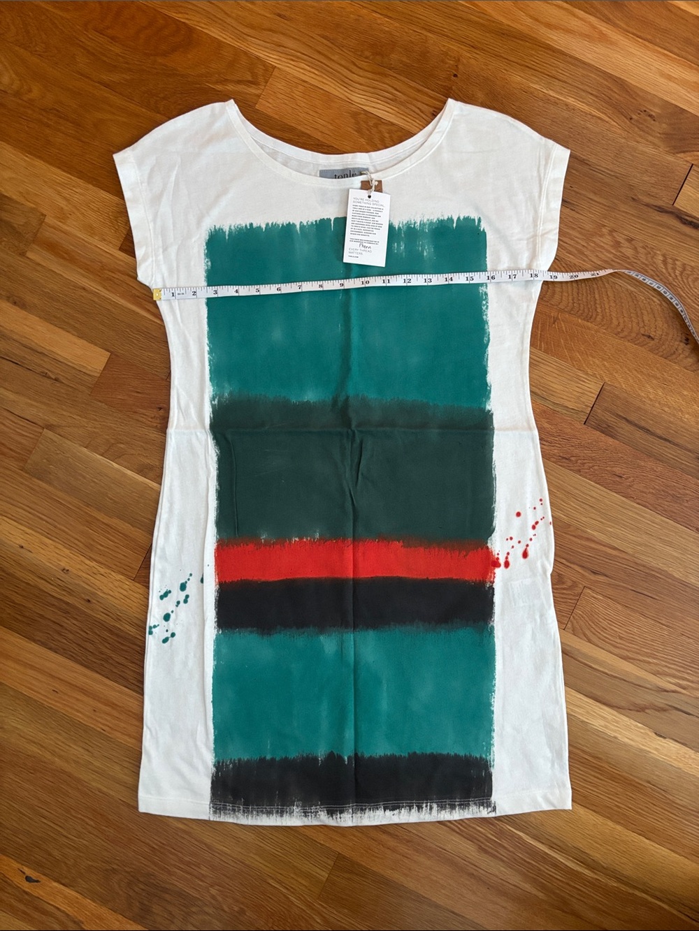tonle White Mini Dress with Teal, Dark Teal and Red Stripes